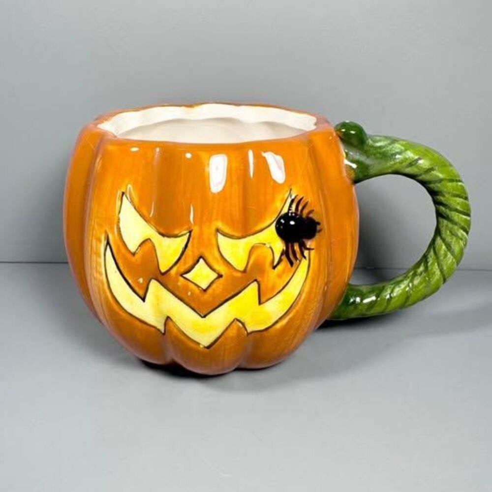 World Market Jack-O'-Lantern Pumpkin Coffee Cup Halloween Ceramic Spider